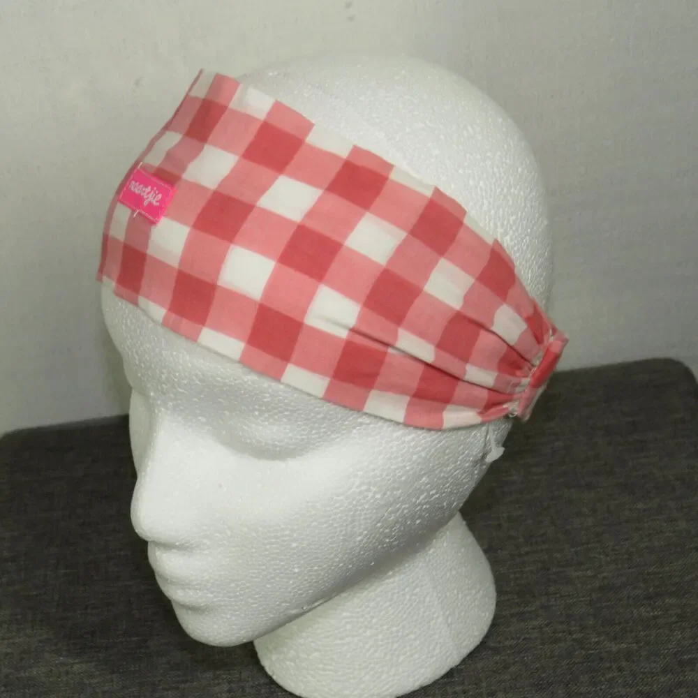 Women's Pink White Gingham Check Cotton Fabric Headband